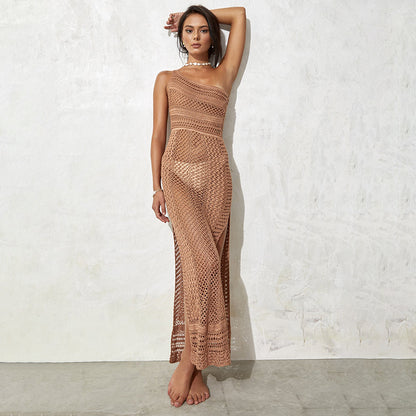 Summer Beach Dress Women Solid Color Sexy Oblique Shoulder Knitted Hollow Out Cutout Bikini Swimsuit Blouse Sun Protective Clothing Crochet hook