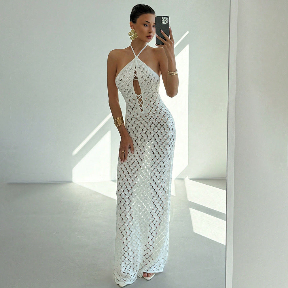 Jupe de plage en tricot découpée sexy d'été pour femmes, maillot de bain bikini, robe de couleur unie