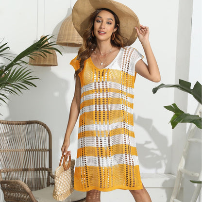 Women Blouse Seaside Vacation Striped Color Contrast Patchwork Sexy Cutout Beach Beach Cover Up
