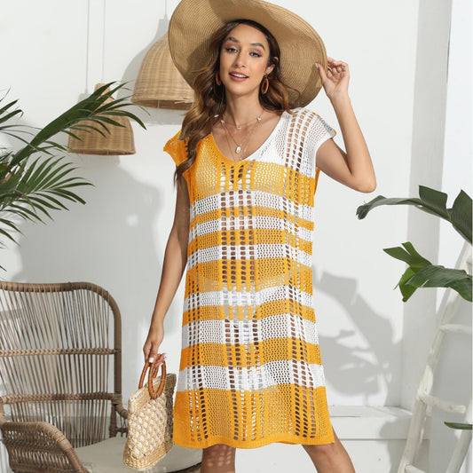 Women Blouse Seaside Vacation Striped Color Contrast Patchwork Sexy Cutout Beach Beach Cover Up