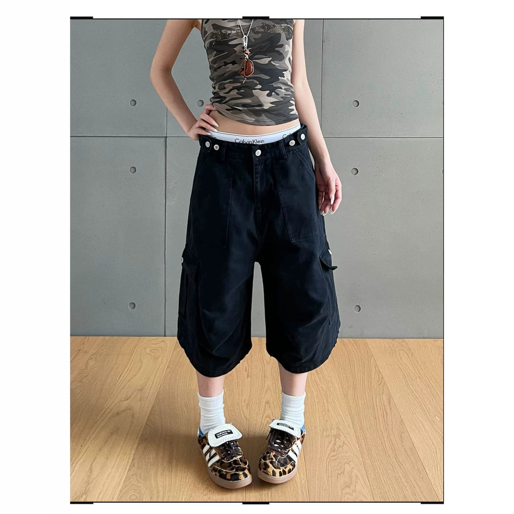 Retro Workwear with Pocket Women Loose Straight Wide Leg Jeans Shocen