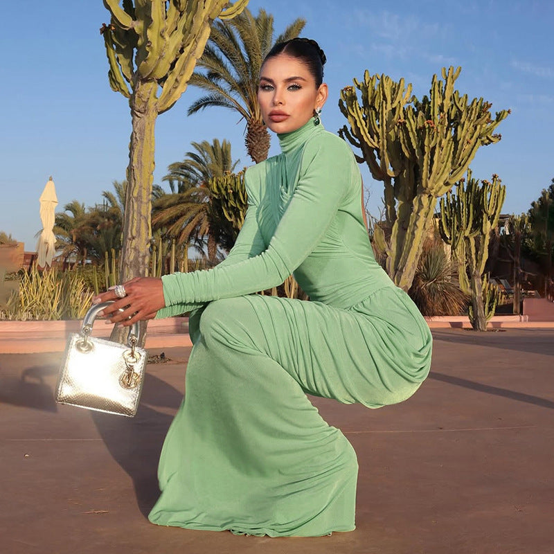 Fall Women Clothing Solid Color Turtleneck Backless Stitching Pleated Slim Fit Dress