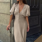 Lace Stitching Elegant Dress Summer Women Clothing V neck Puff Sleeve Single Breasted Sheath Dress Kigali