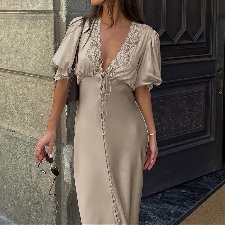Lace Stitching Elegant Dress Summer Women Clothing V neck Puff Sleeve Single Breasted Sheath Dress Kigali