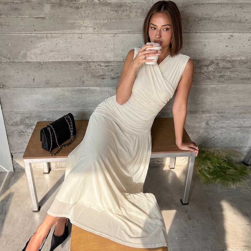 French V neck Solid Color Maxi Dress Summer Waist Slimming Draping Effect Maxi Dress BULLINGER