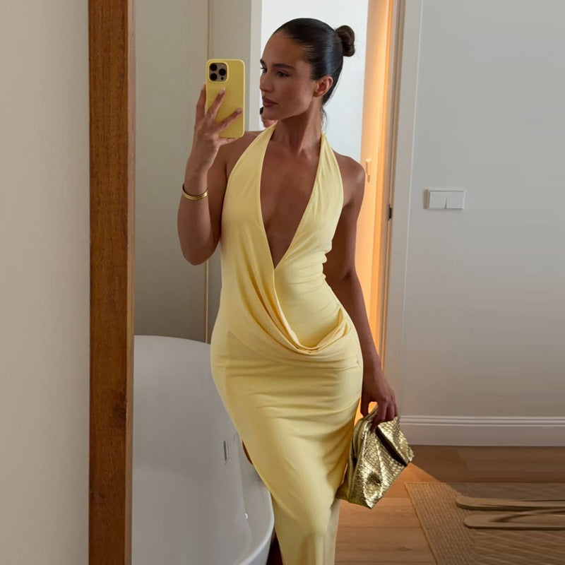 Women Clothing Summer Sexy Low Cut Deep V Plunge neck Halter Strap Backless Slit Dress Flash Vision