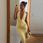 Women Clothing Summer Sexy Low Cut Deep V Plunge neck Halter Strap Backless Slit Dress Flash Vision