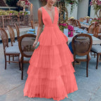 Summer Women Clothing Dress Net Yarn Cake Dress V neck Brace Evening Dress SCC