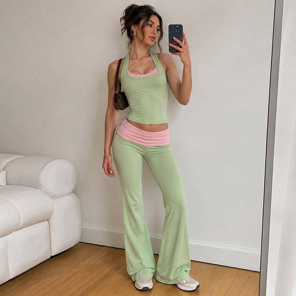 Casual Contrast Color Halter Sports Set Sexy Backless Slimming Low Waist Suspender Trousers Two Piece Set LingSharp