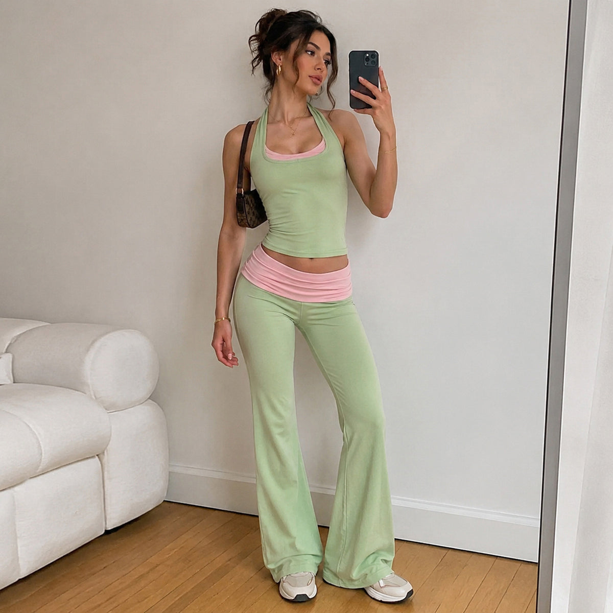 Casual Contrast Color Halter Sports Set Sexy Backless Slimming Low Waist Suspender Trousers Two Piece Set LingSharp