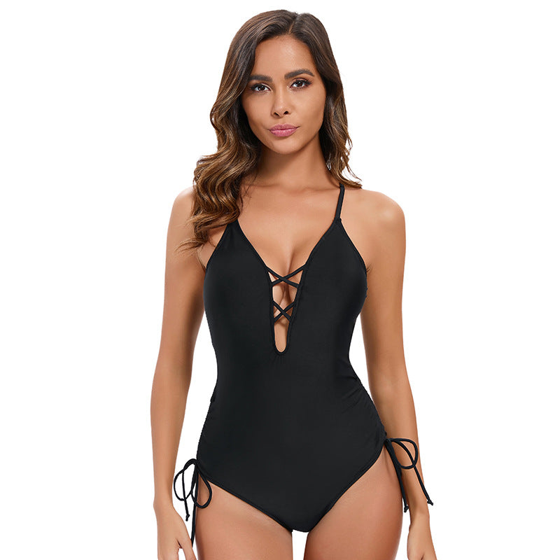 Traje de baño de una pieza de triángulo de color sólido para mujer, sexy, sin espalda, con aberturas y tirantes recortados.