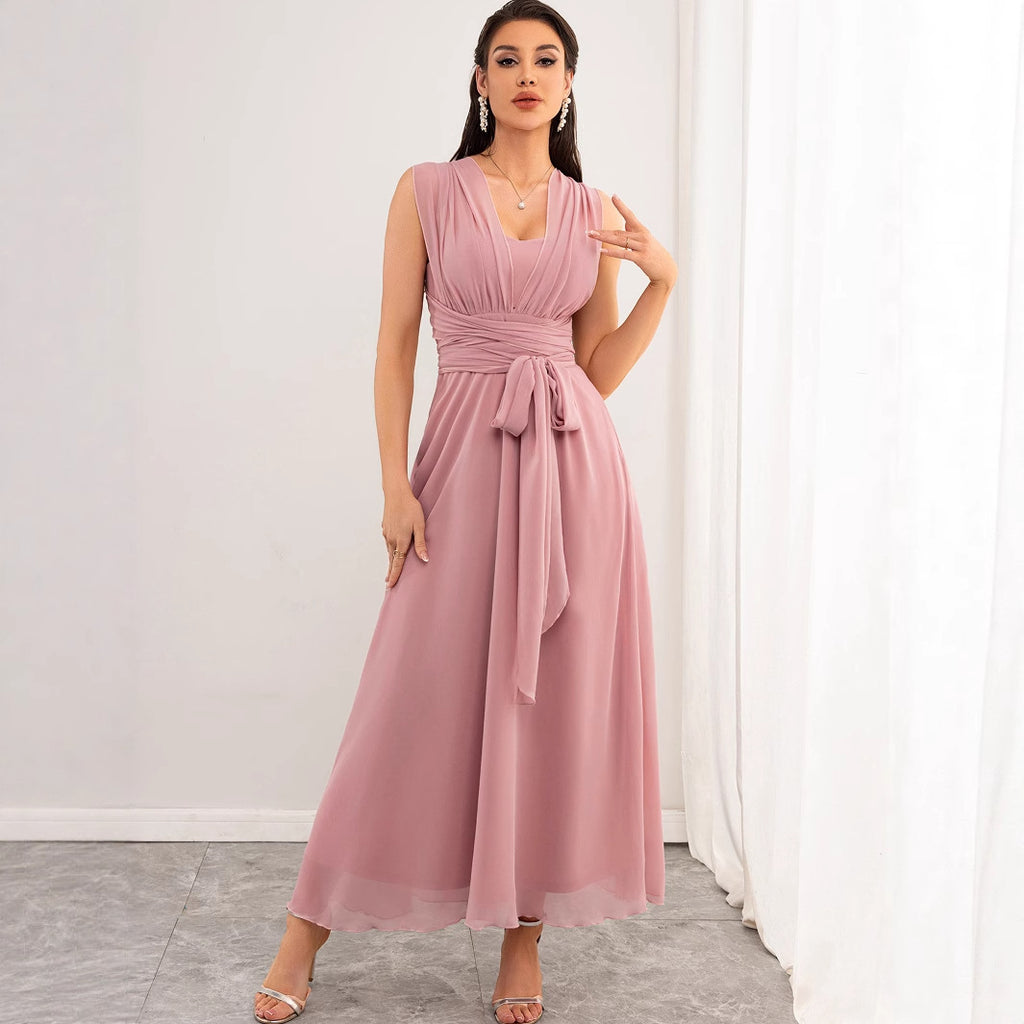 Women Clothing Sexy Backless Chiffon Pink Dress Maxi Dress Summer YAMIKA