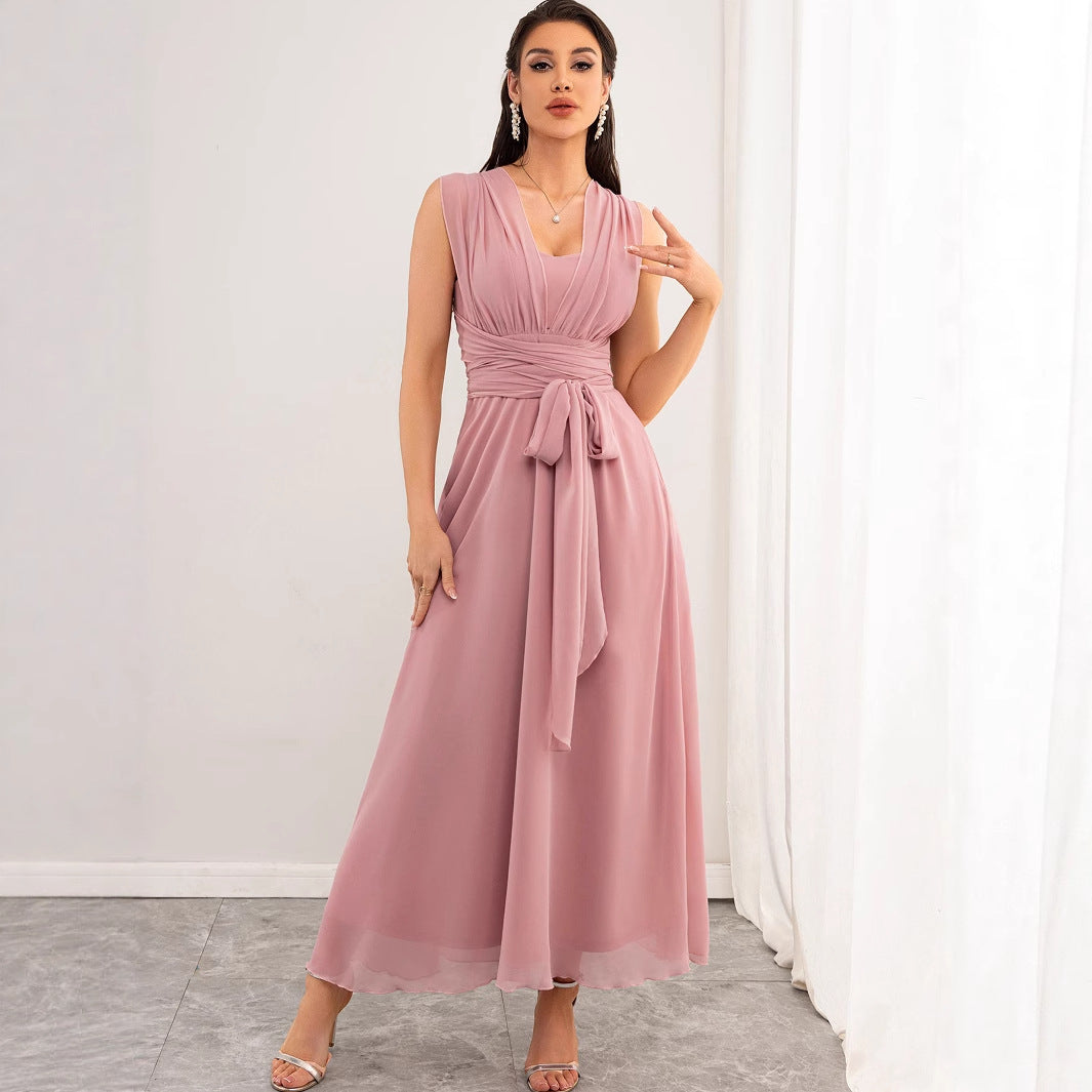 Women Clothing Sexy Backless Chiffon Pink Dress Maxi Dress Summer YAMIKA
