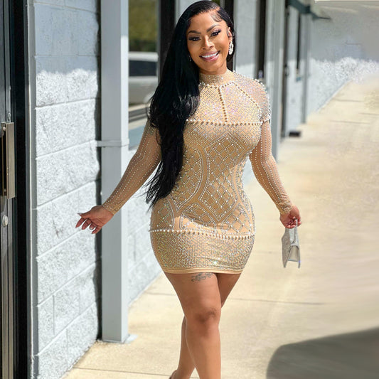 Summer Women Clothing Sexy Mesh Nightclub Rhinestone Long Sleeve Beaded Dress