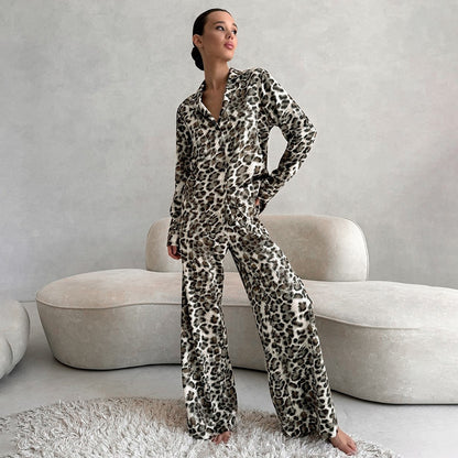 Autumn Satin Leopard Print Soft Comfortable Pajamas Long Sleeved Trousers Women Homewear