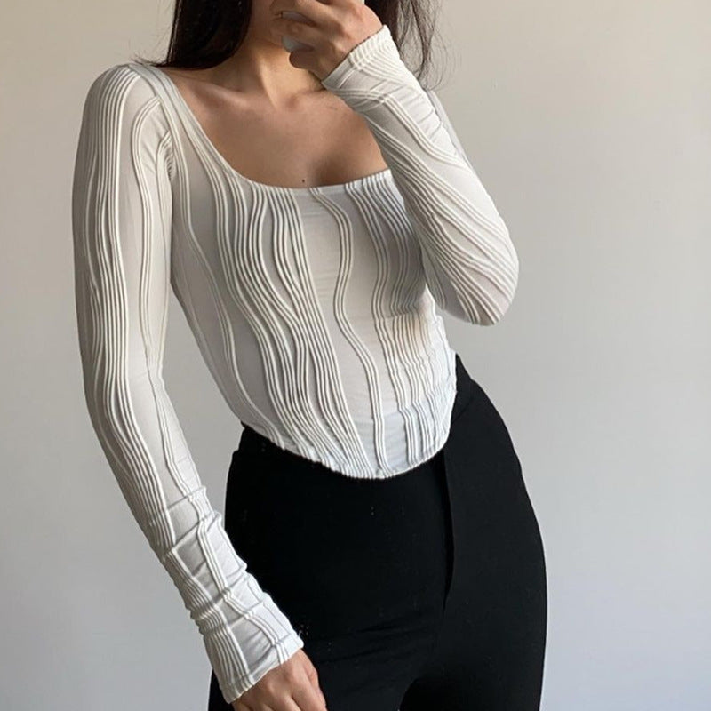 Summer French Design Pleated U Collar Simple Solid Color Slim Fit Long Sleeves Top Women