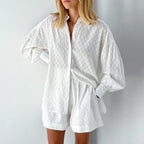 Summer French White Jacquard Cotton Puff Sleeve Casual Shorts Set Ladies Homewear Cool Pajamas Meiyas