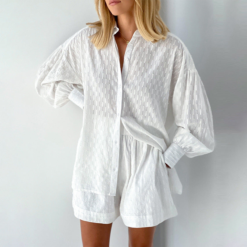 Summer French White Jacquard Cotton Puff Sleeve Casual Shorts Set Ladies Homewear Cool Pajamas Meiyas