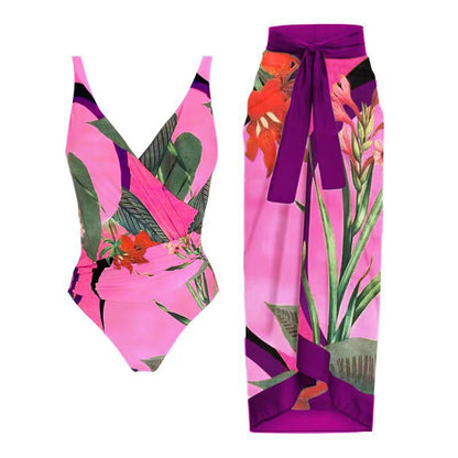 Two Piece Set Swimsuit Cross Belly Covering Printed Backless Sheath Dress Swimsuit