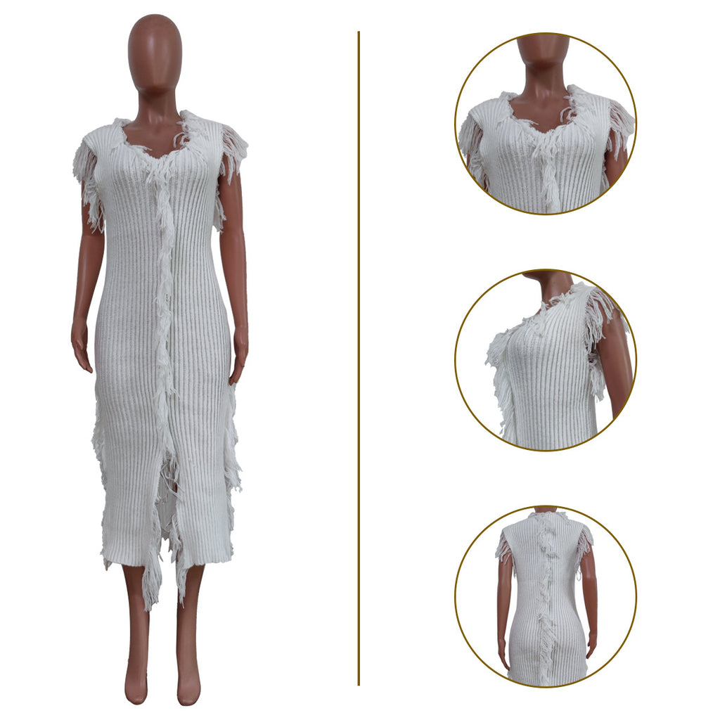 Women Clothing Casual Solid Color Knitted Sleeveless Tassel Dress TRSC