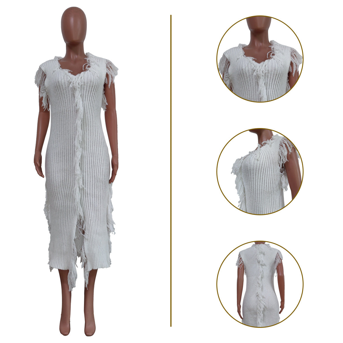 Women Clothing Casual Solid Color Knitted Sleeveless Tassel Dress TRSC
