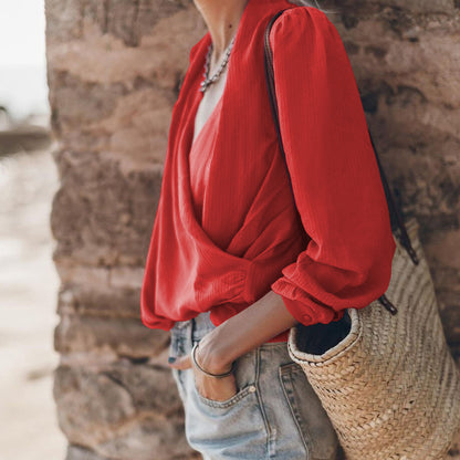 Camisa sencilla de manga larga con estampado de color liso de otoño