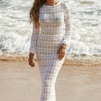 Hollow Out Cutout Texture Long Sleeve Holiday Maxi Dress Beach Sun Protection Backless Lace up Blouse Maxi Dress Oyimi