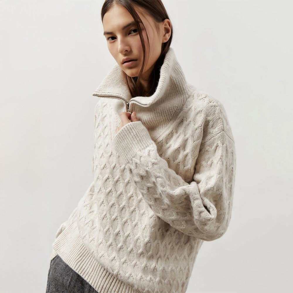 Pull à col roulé et demi-zip pour femme, automne-hiver, style coréen, maille épaisse.