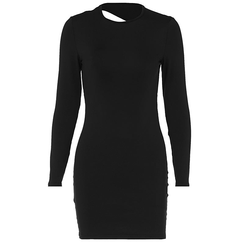 Women Clothing Summer Solid Color round Neck Backless Slim Fit Hip Bag Dress Sexy WensDiva