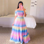Spring Summer Women Clothing Dress off Shoulder Floral off Shoulder Long Printed Dress SCC