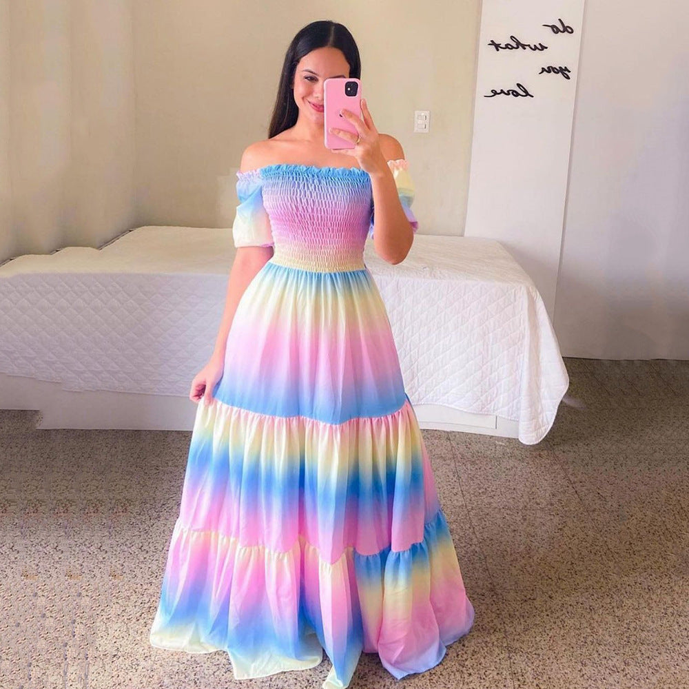 Spring Summer Women Clothing Dress off Shoulder Floral off Shoulder Long Printed Dress SCC