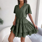 Spring Summer Flounced Ribbon Big Hem A- line Solid Color Dress Women Clothing BAGIISA