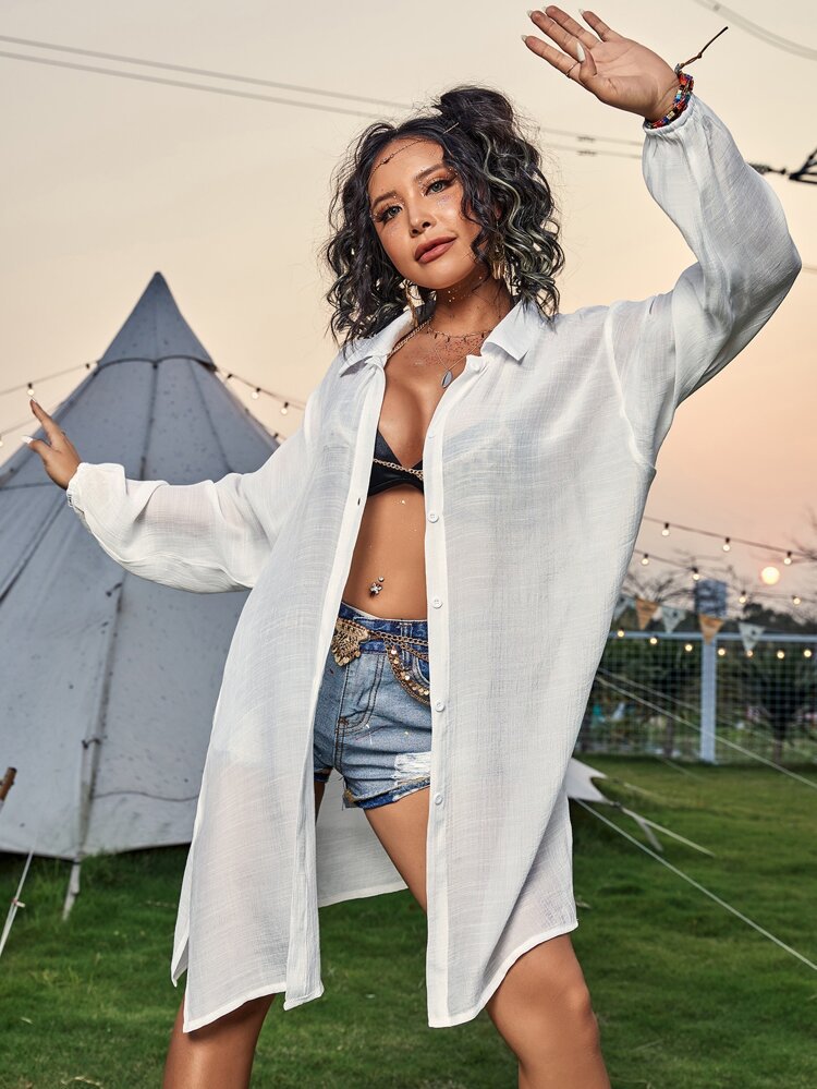 Cotton Long Sleeved Shirt Beach Cover up Vacation Sun Protection Shirt Bikini Swimsuit Outwear Cardigan EvenStar