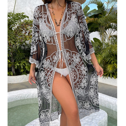 Water Soluble Silk Sun Protection Clothing Hollow Out Cutout Embroidered Strap Loose Sexy Casual Beach Cover Up