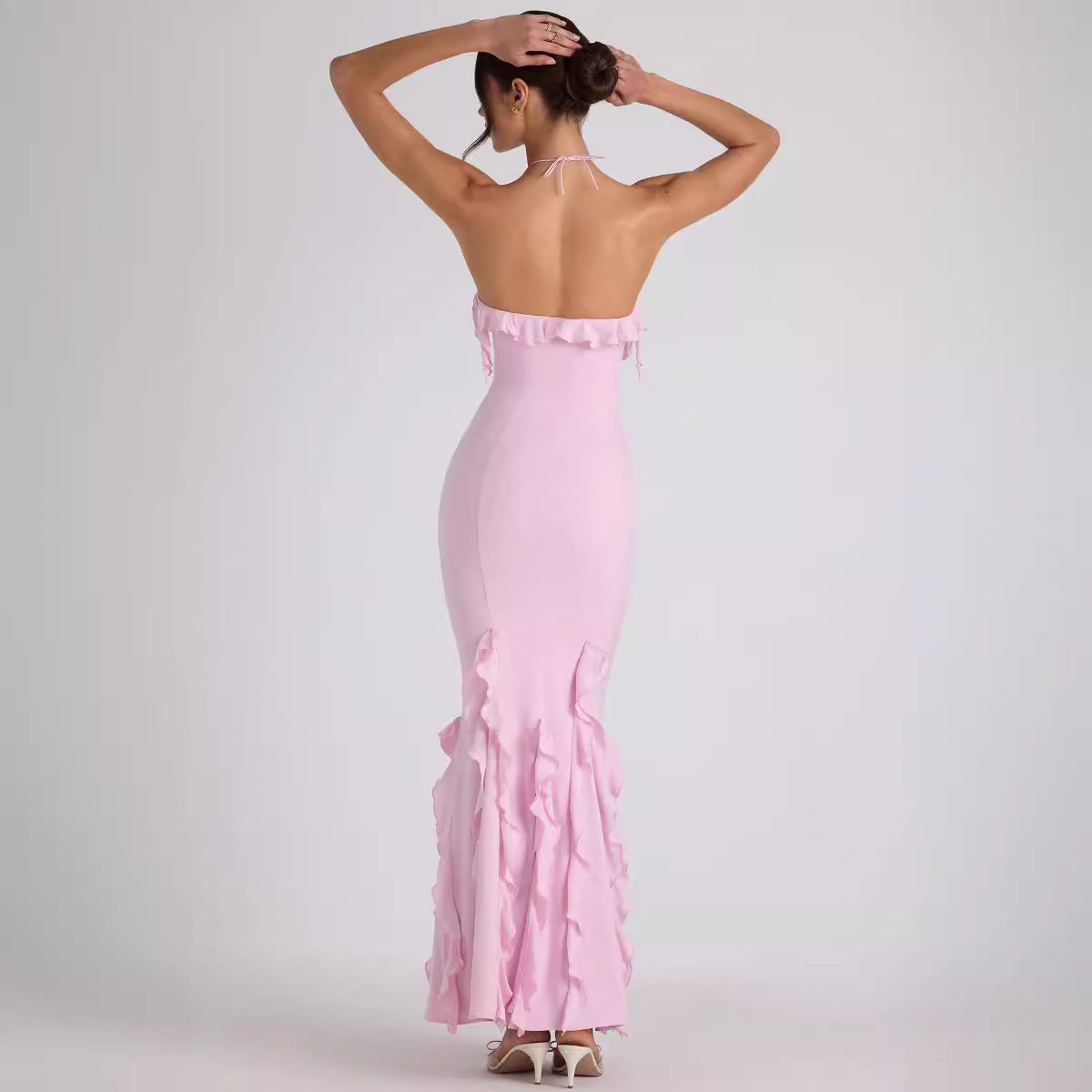 Women Summer Sexy Halter Backless Sheath Ruffled Pleated Drape Evening Dress Maxi Dress Bailess