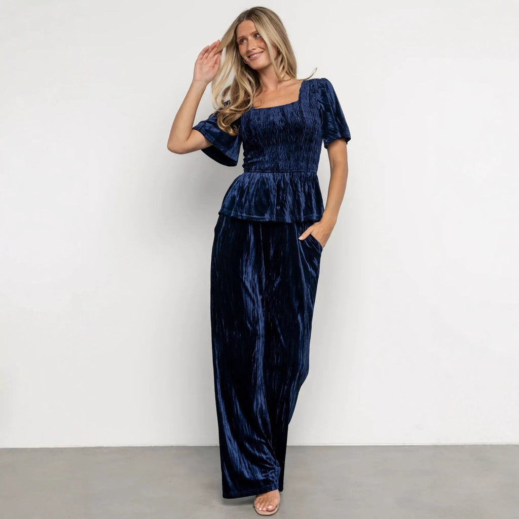 Velvet Women Solid Color Pleated Slim Casual Short Sleeved T shirt Pants Wide Leg Two Piece Set DREAMCHIN