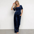 Velvet Women Solid Color Pleated Slim Casual Short Sleeved T shirt Pants Wide Leg Two Piece Set DREAMCHIN