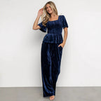 Velvet Women Solid Color Pleated Slim Casual Short Sleeved T shirt Pants Wide Leg Two Piece Set DREAMCHIN