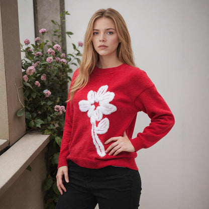 Floral Jacquard round Neck Long Sleeved Sweater Women Clothing Solid Color Casual Pullover Sweater Women