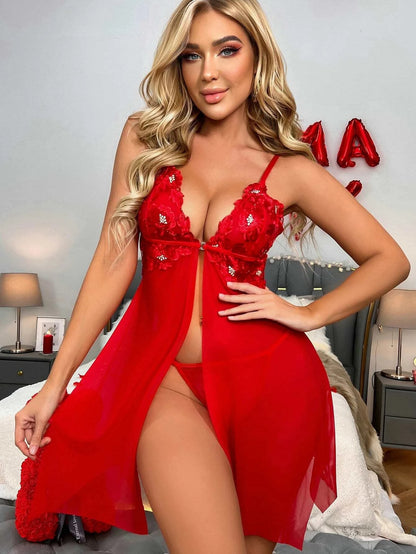 Sexy Red Mesh Camisole Nightdress Sexy Suit