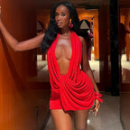 Robe sexy automne-hiver femme décolletée en V profond, dos nu, couleur unie