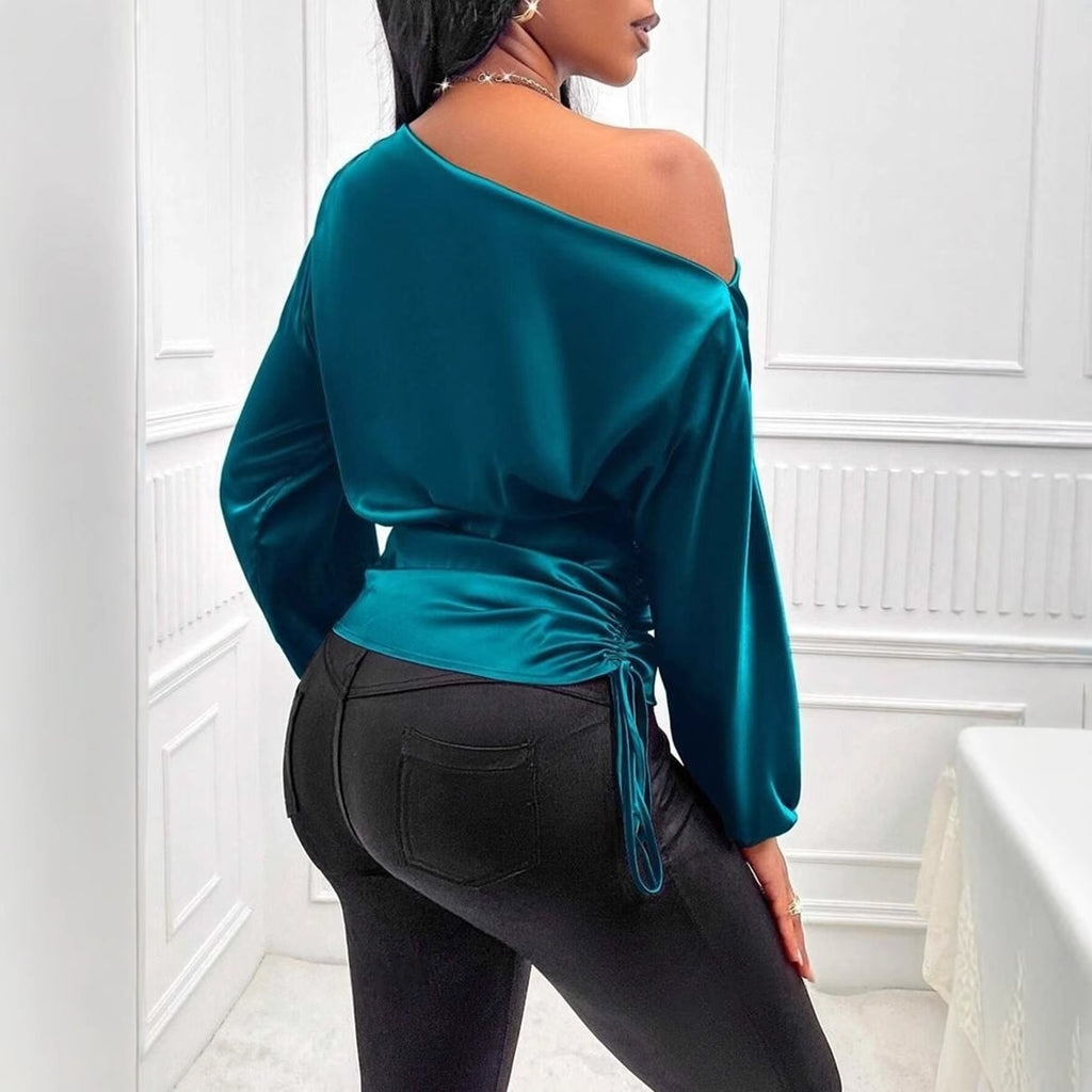 Chemise en satin pour femme, automne-hiver, asymétrique, manches longues, col diagonal