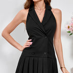 Twill Cool Silk Cotton Halter Dress Sexy Backless V neck Professional Fan Pleated Dress SUNSHINE