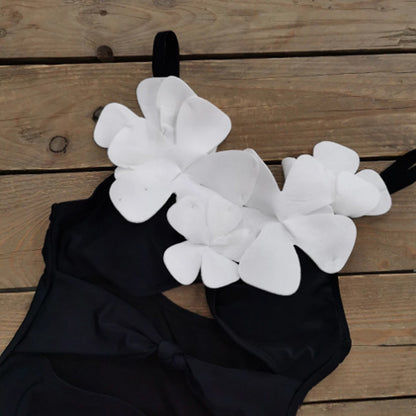 Maillot de bain une pièce pour femme, couleur unie, coupe slim, motif floral tridimensionnel, amincissant
