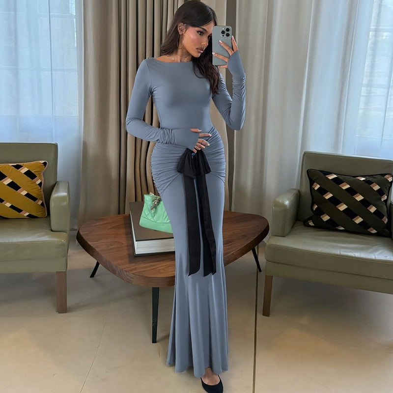 Women Clothing Summer Solid Color Pleated Waist Controlled Lace up Long Sleeve Dress Women