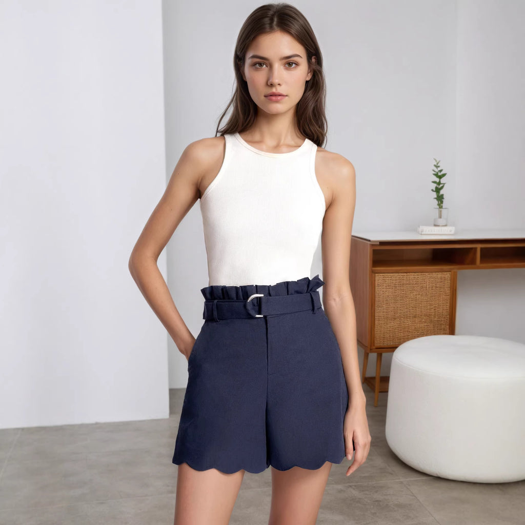 Women Clothing Office High Waist Shorts Women Outer Wear High Waist Wavy Edge Metal Buckle Bud Shaped Shorts Rogan