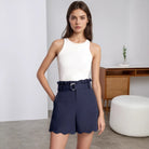 Women Clothing Office High Waist Shorts Women Outer Wear High Waist Wavy Edge Metal Buckle Bud Shaped Shorts Rogan