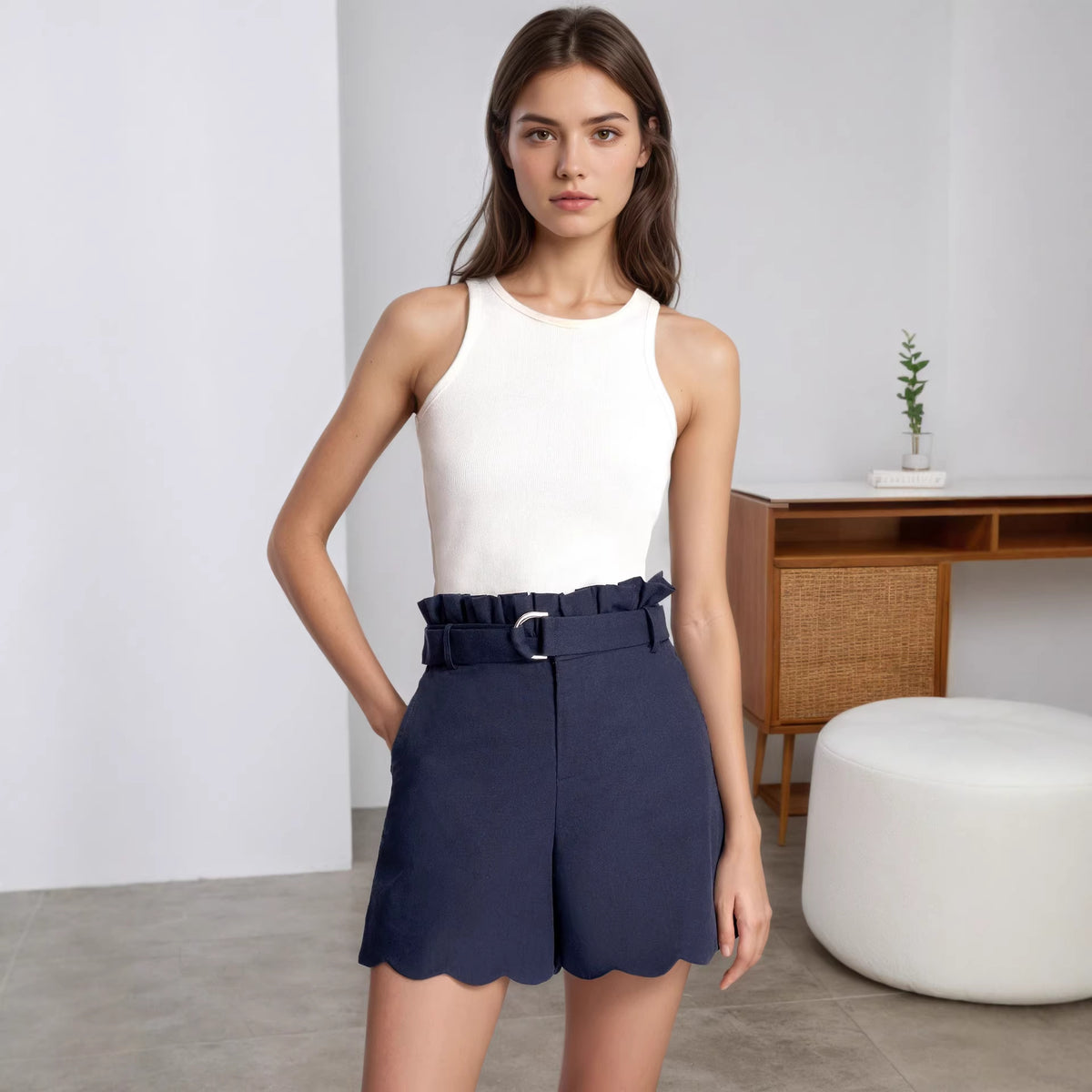 Women Clothing Office High Waist Shorts Women Outer Wear High Waist Wavy Edge Metal Buckle Bud Shaped Shorts Rogan