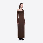 Spring Dark Brown One Shoulder Dress Pleated High Slit Maxi Dress the Dinner Party Host Sight