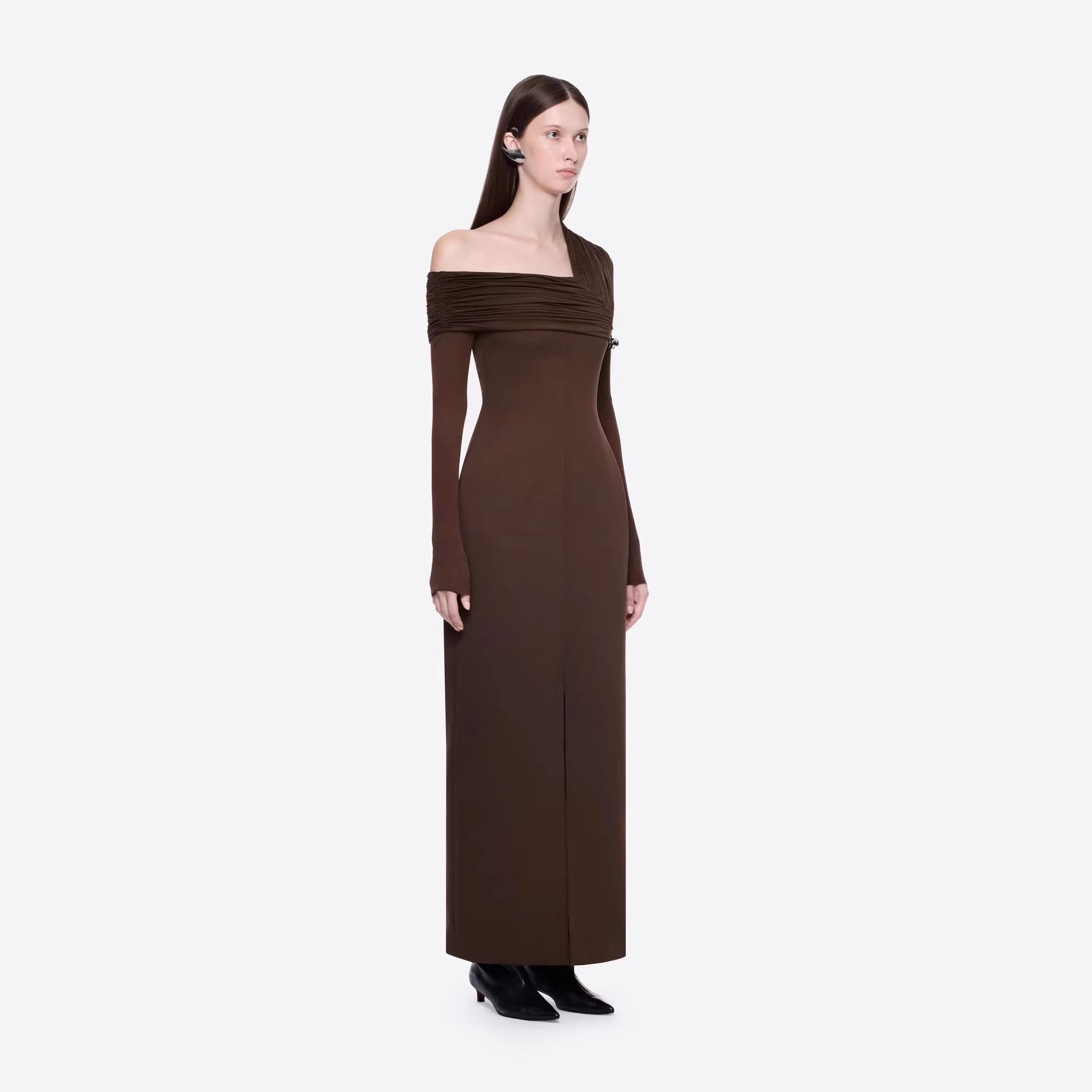 Spring Dark Brown One Shoulder Dress Pleated High Slit Maxi Dress the Dinner Party Host Sight